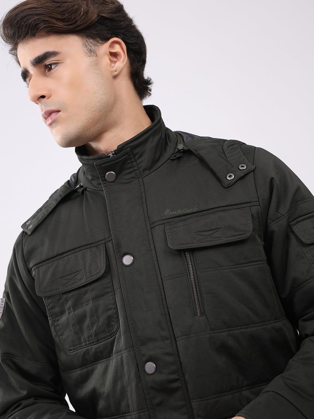 Men Green Solid Collar Full Sleeve Jacket
