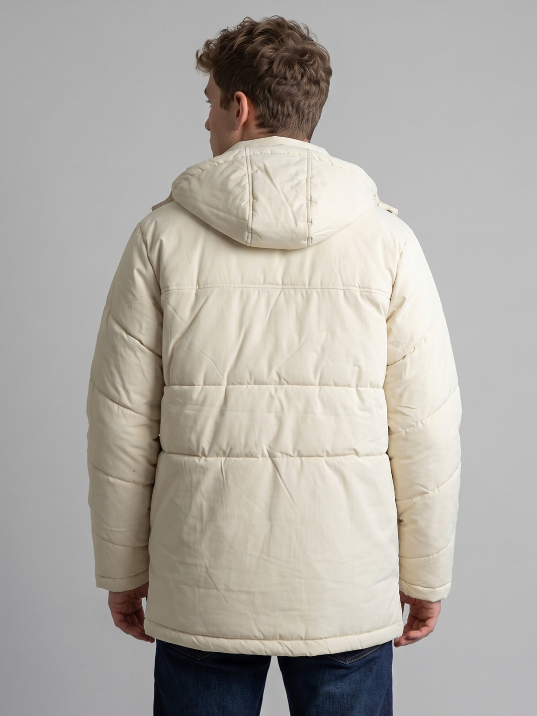 Men Cream Solid Hooded Full Sleeve Jacket