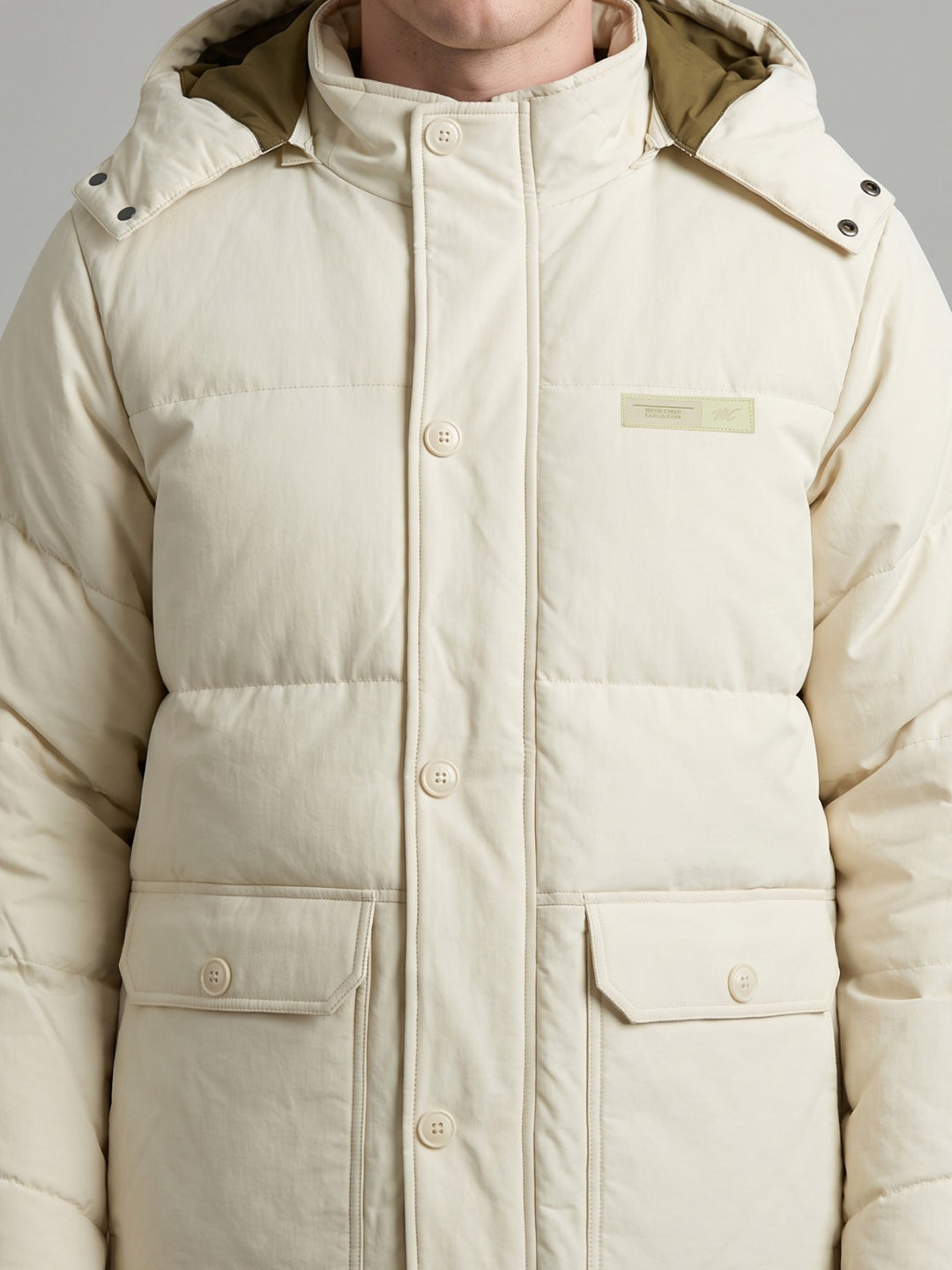 Men Cream Solid Hooded Full Sleeve Jacket