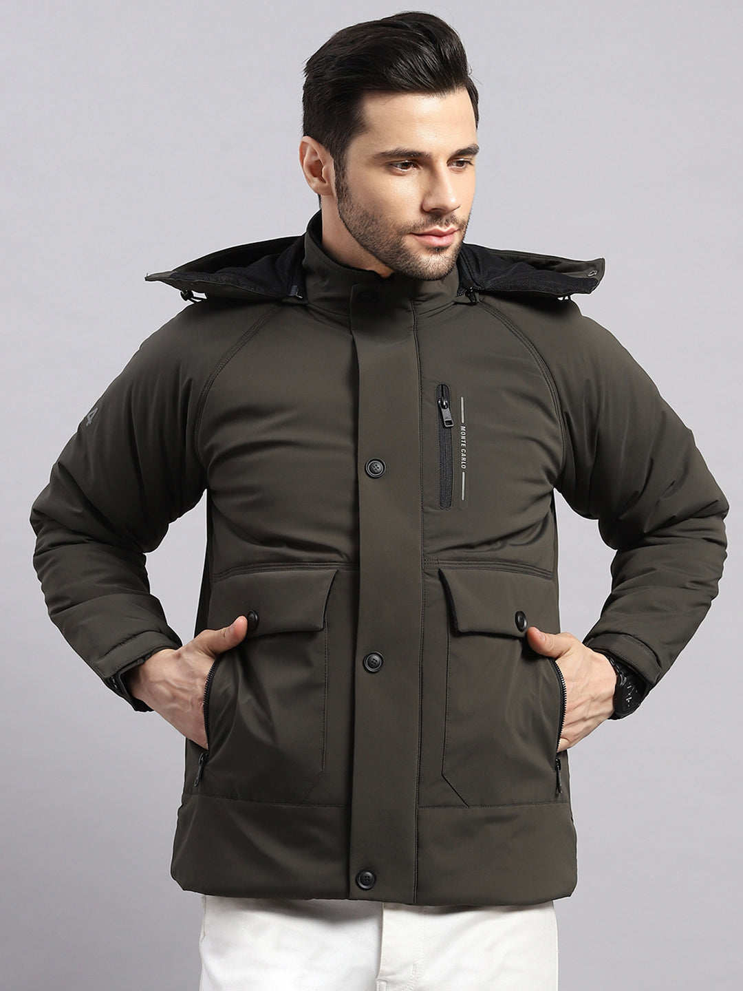 Men Olive Solid Hooded Full Sleeve Jacket