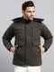 Men Olive Solid Hooded Full Sleeve Jacket