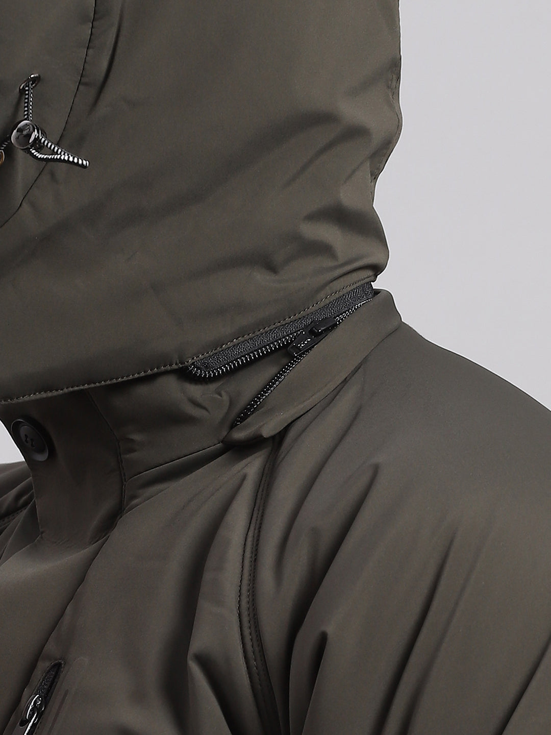 Men Olive Solid Hooded Full Sleeve Jacket