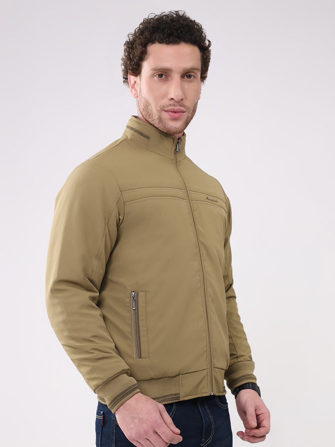 Men Khaki Solid Collar Full Sleeve Jacket