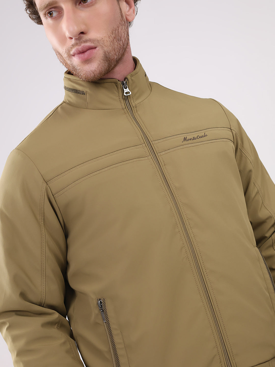 Men Khaki Solid Collar Full Sleeve Jacket