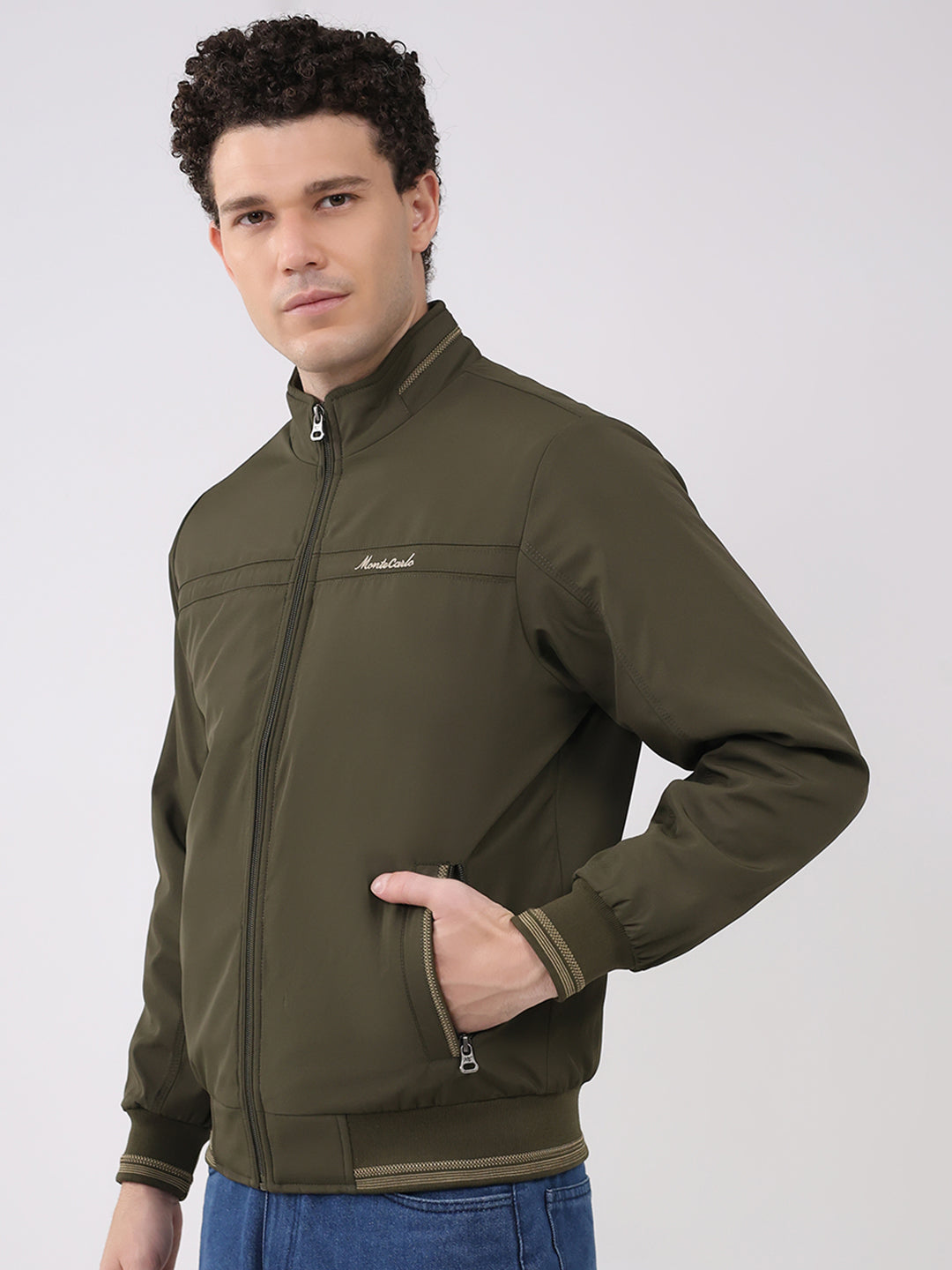 Men Olive Solid Collar Full Sleeve Jacket