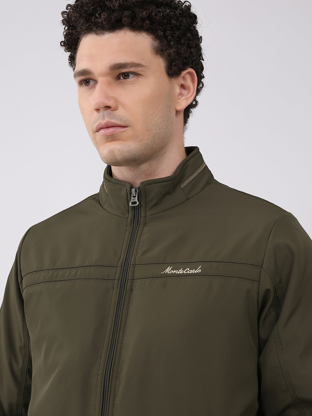 Men Olive Solid Collar Full Sleeve Jacket