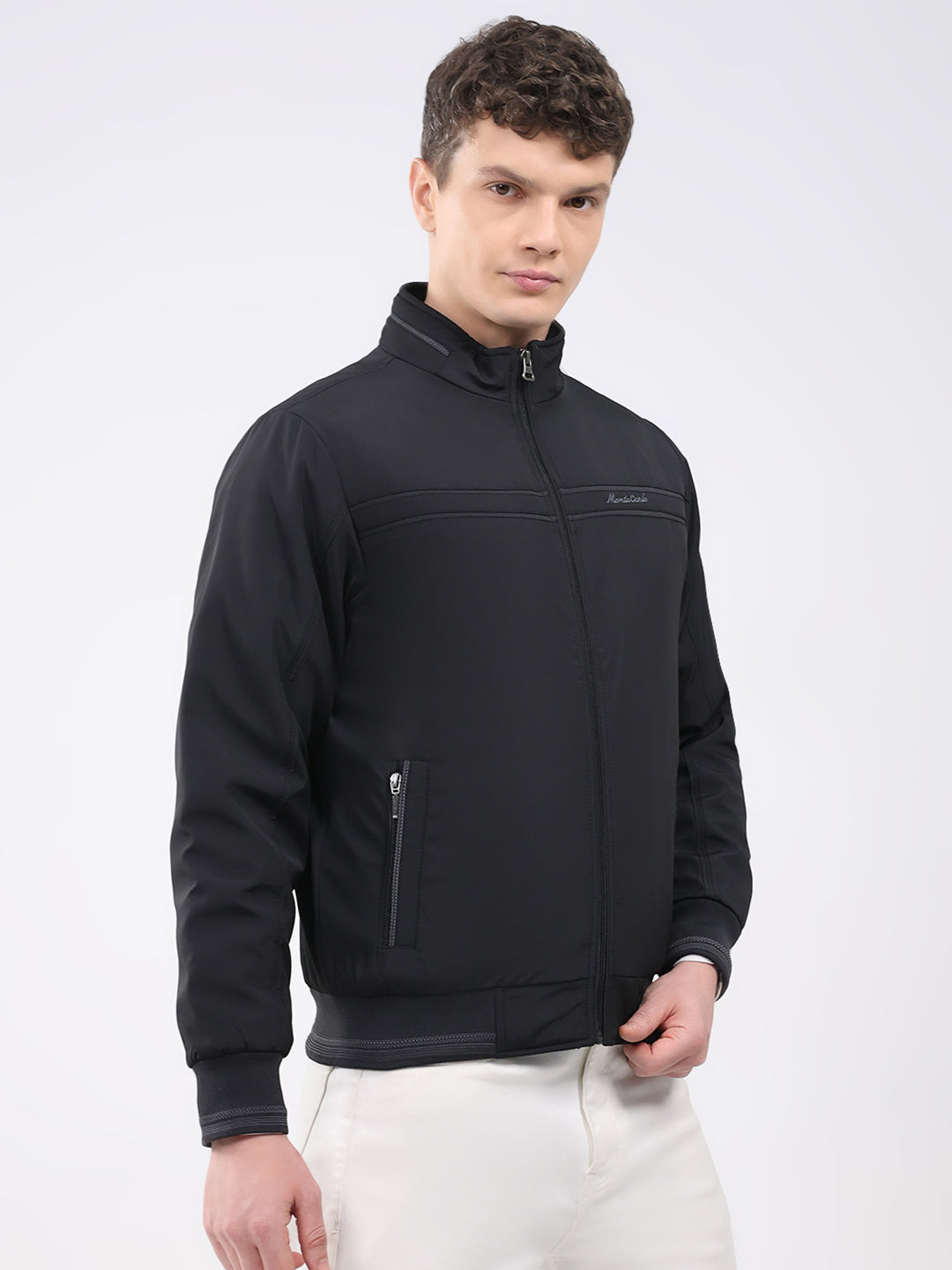 Men Black Solid Mock Neck Full Sleeve Jacket