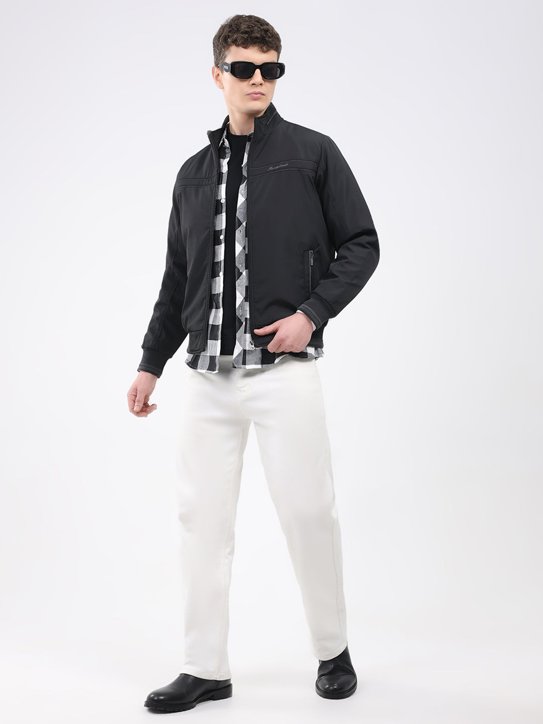 Men Black Solid Mock Neck Full Sleeve Jacket