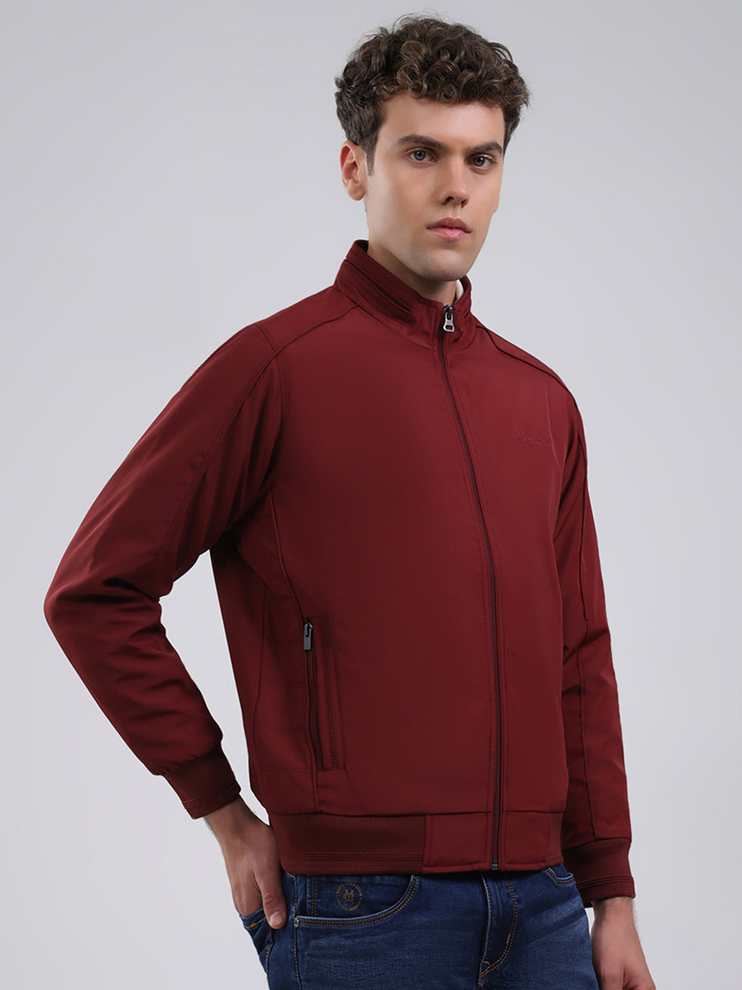 Men Maroon Solid Stand Collar Full Sleeve Jacket