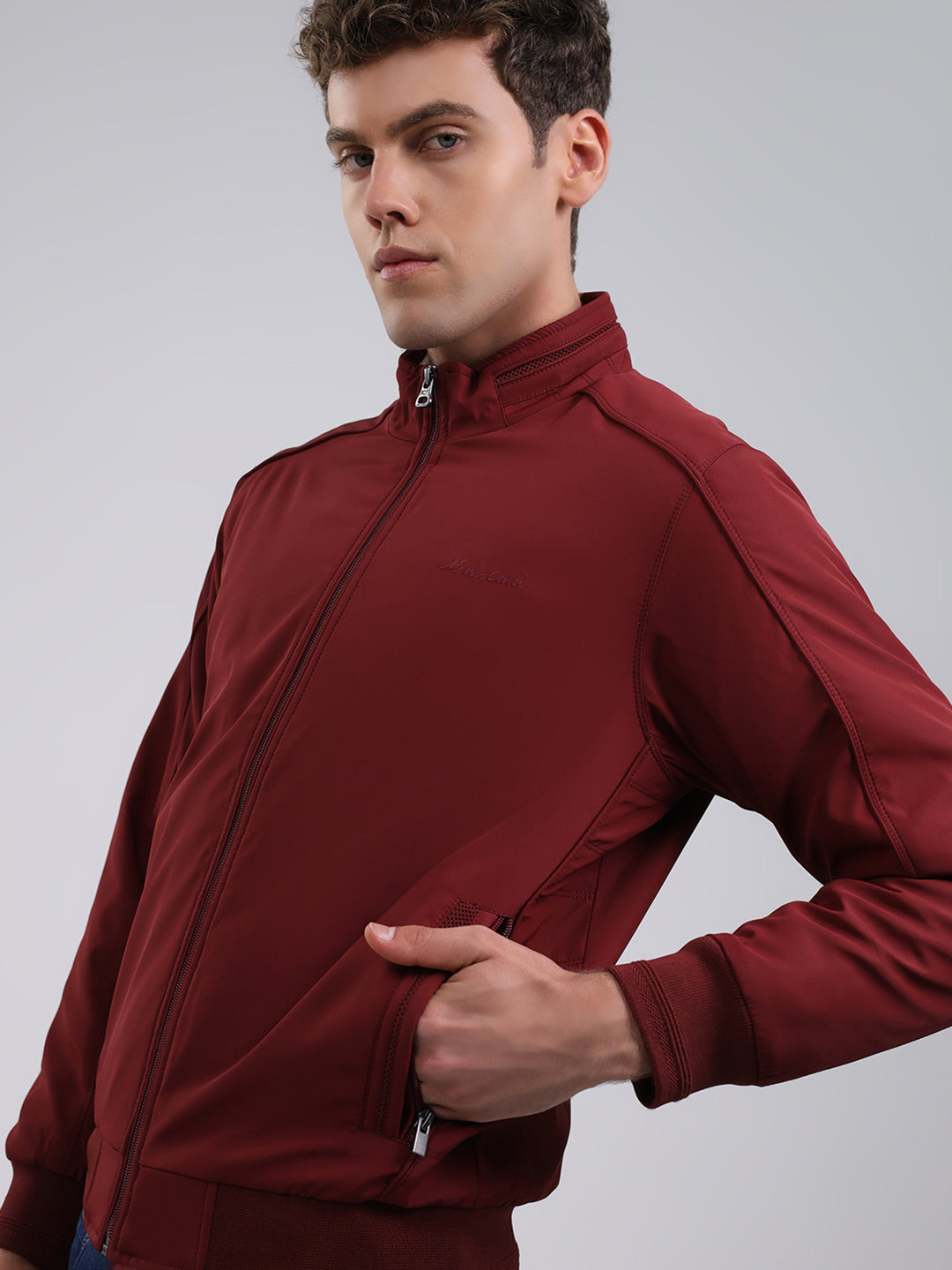 Men Maroon Solid Stand Collar Full Sleeve Jacket