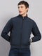 Men Navy Blue Solid Stand Collar Full Sleeve Jacket