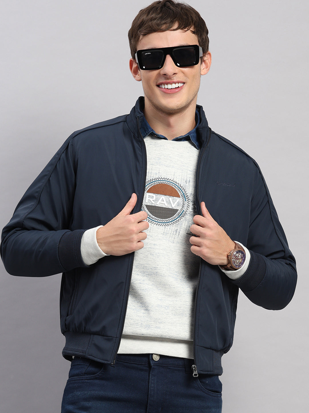 Men Navy Blue Solid Stand Collar Full Sleeve Jacket