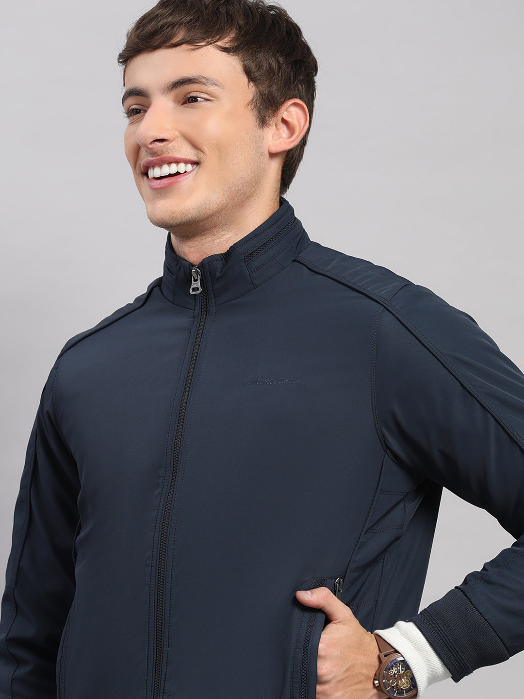 Men Navy Blue Solid Stand Collar Full Sleeve Jacket