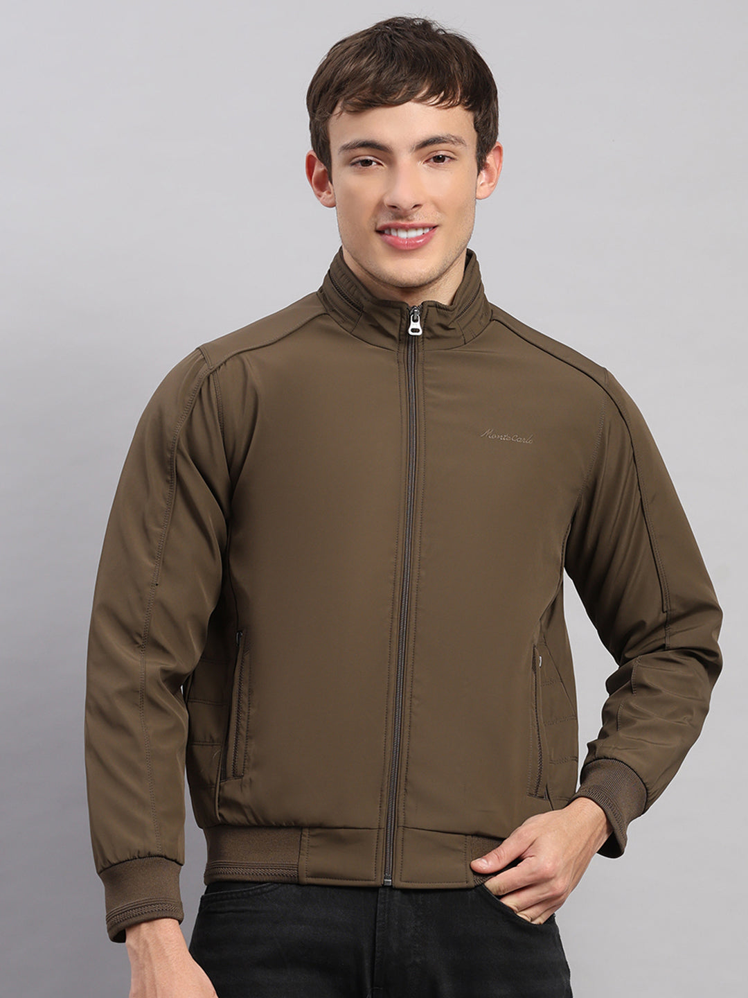 Men Brown Solid Stand Collar Full Sleeve Jacket