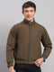 Men Brown Solid Stand Collar Full Sleeve Jacket
