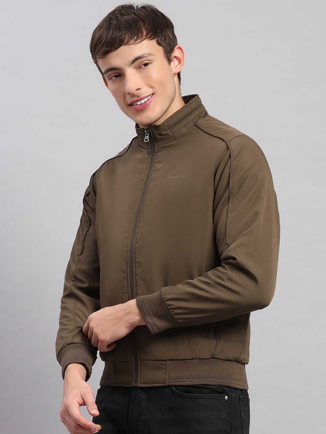 Men Brown Solid Stand Collar Full Sleeve Jacket