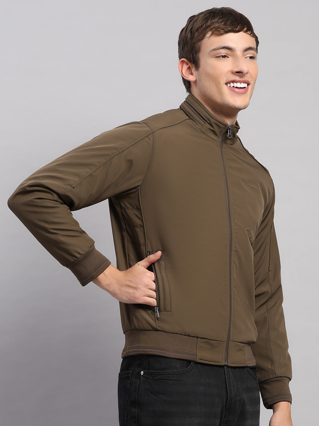Men Brown Solid Stand Collar Full Sleeve Jacket