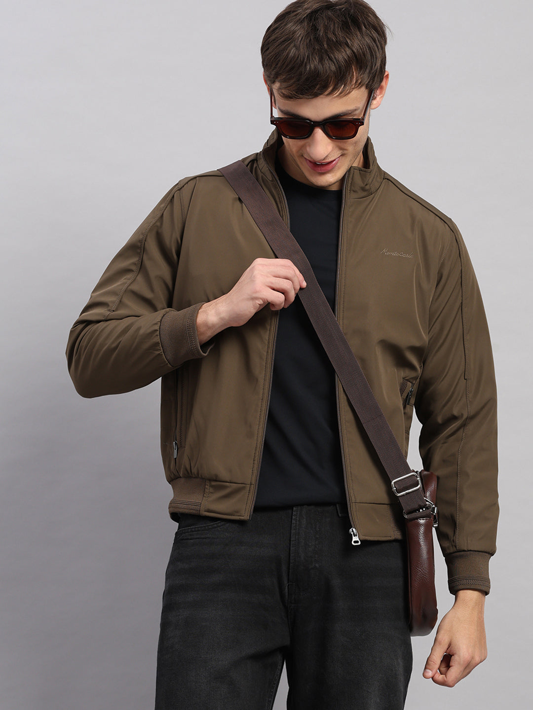 Men Brown Solid Stand Collar Full Sleeve Jacket