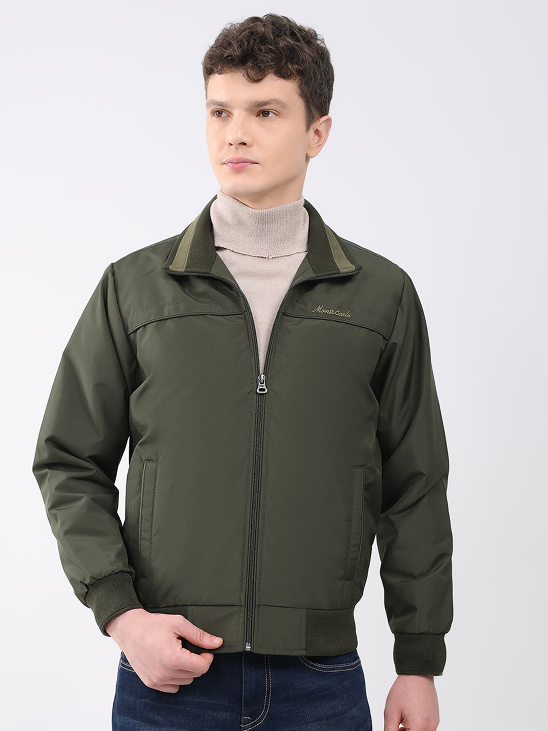Men Olive Solid Collar Full Sleeve Jacket