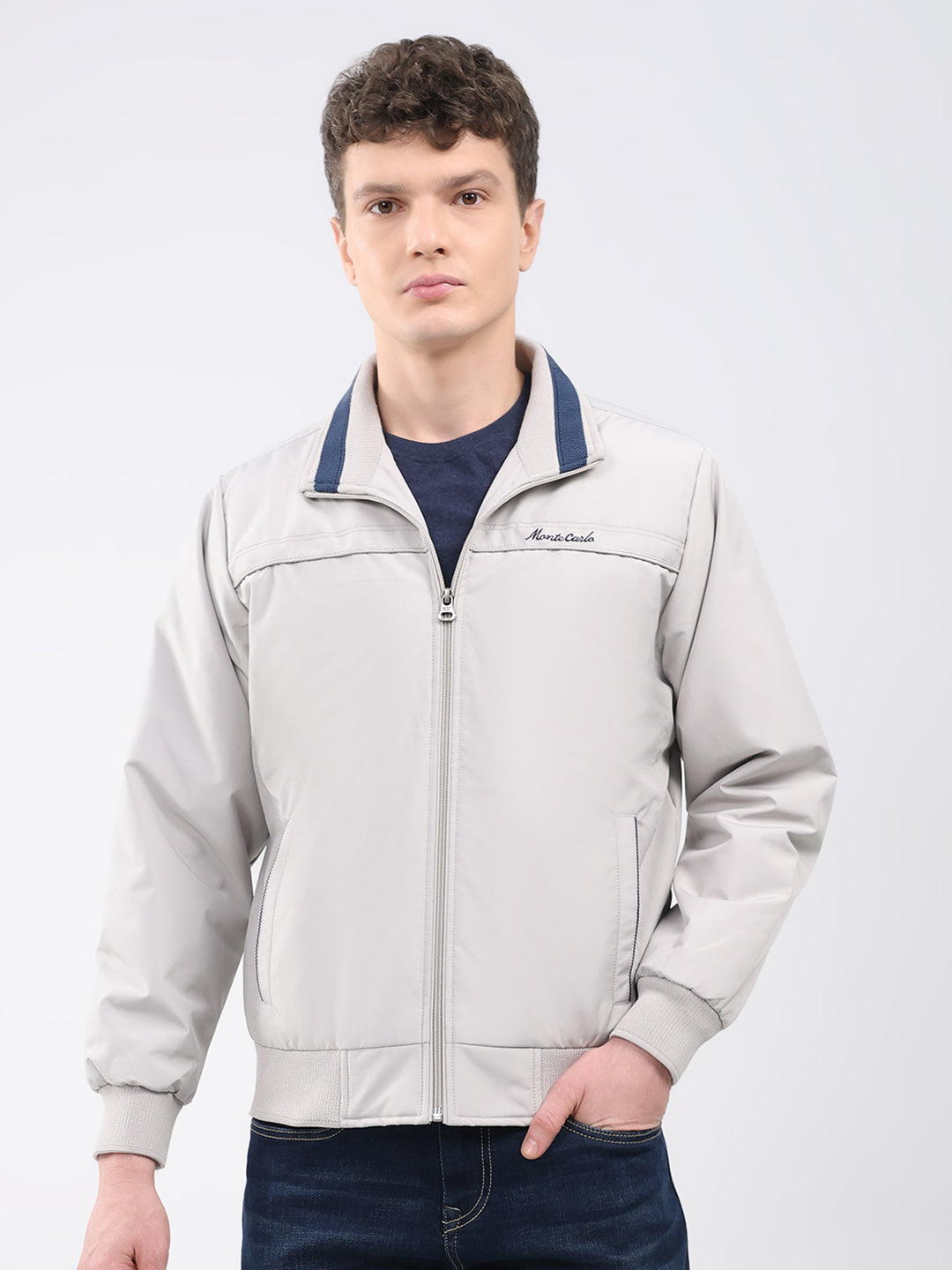 Men Beige Solid Collar Full Sleeve Jacket