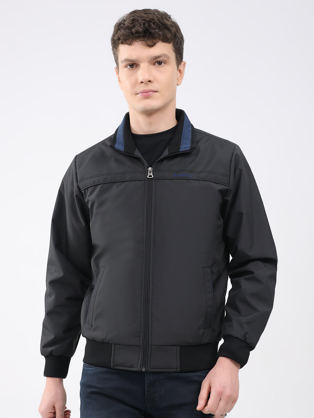 Men Black Solid Collar Full Sleeve Jacket