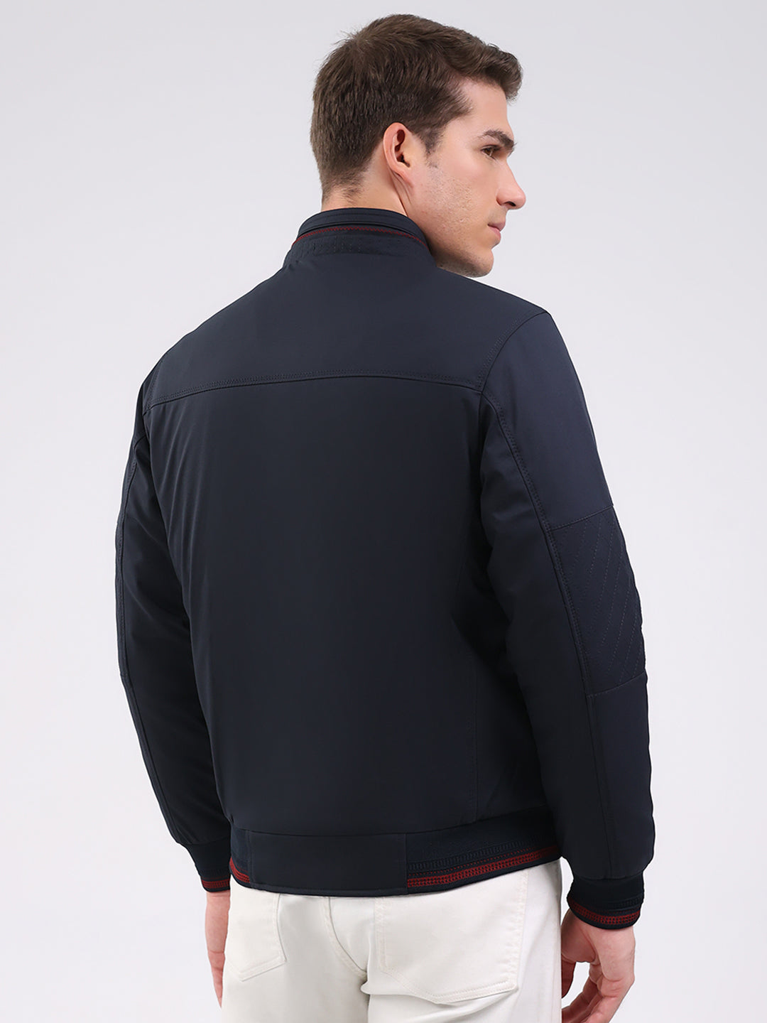 Men Navy Blue Solid Mock Neck Full Sleeve Jacket