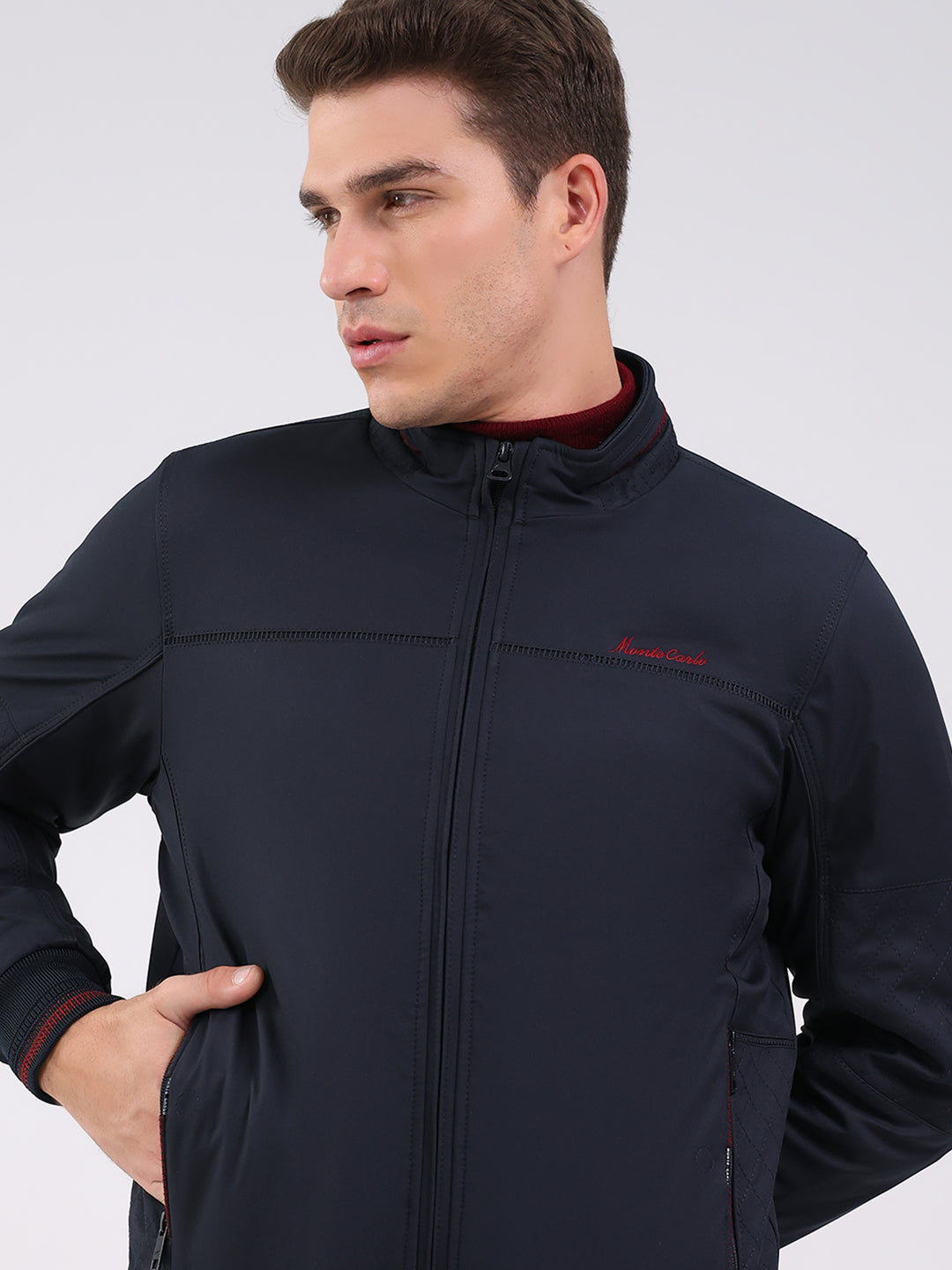 Men Navy Blue Solid Mock Neck Full Sleeve Jacket