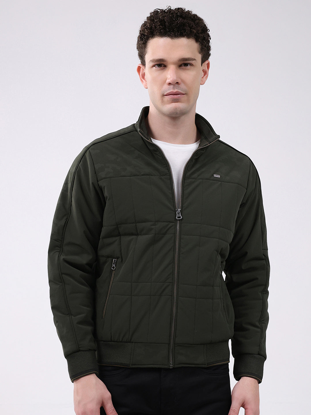 Men Green Solid Mock Neck Full Sleeve Jacket