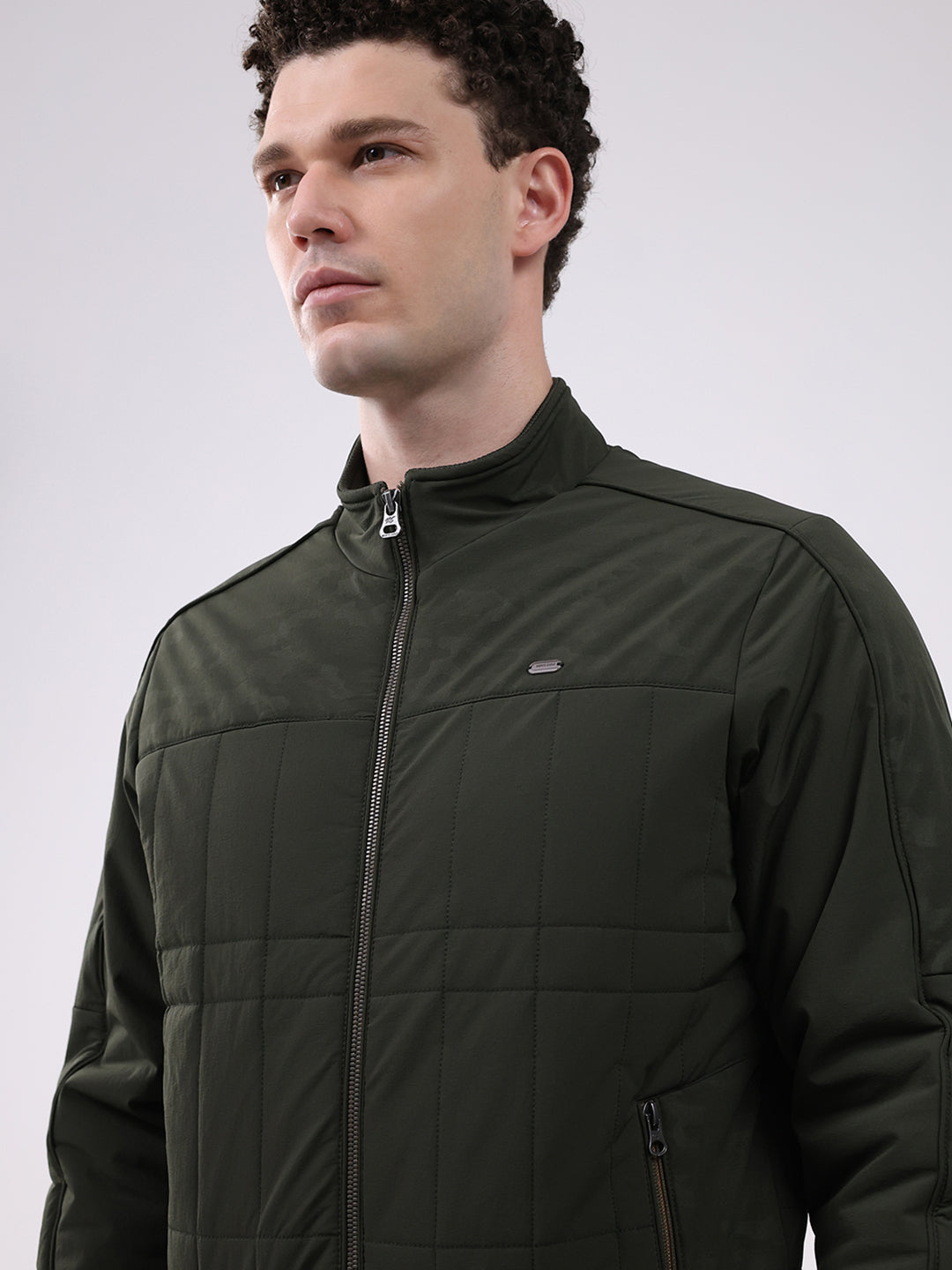 Men Green Solid Mock Neck Full Sleeve Jacket