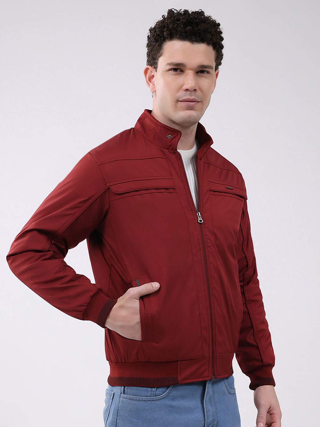 Men Maroon Solid Mock Neck Full Sleeve Jacket