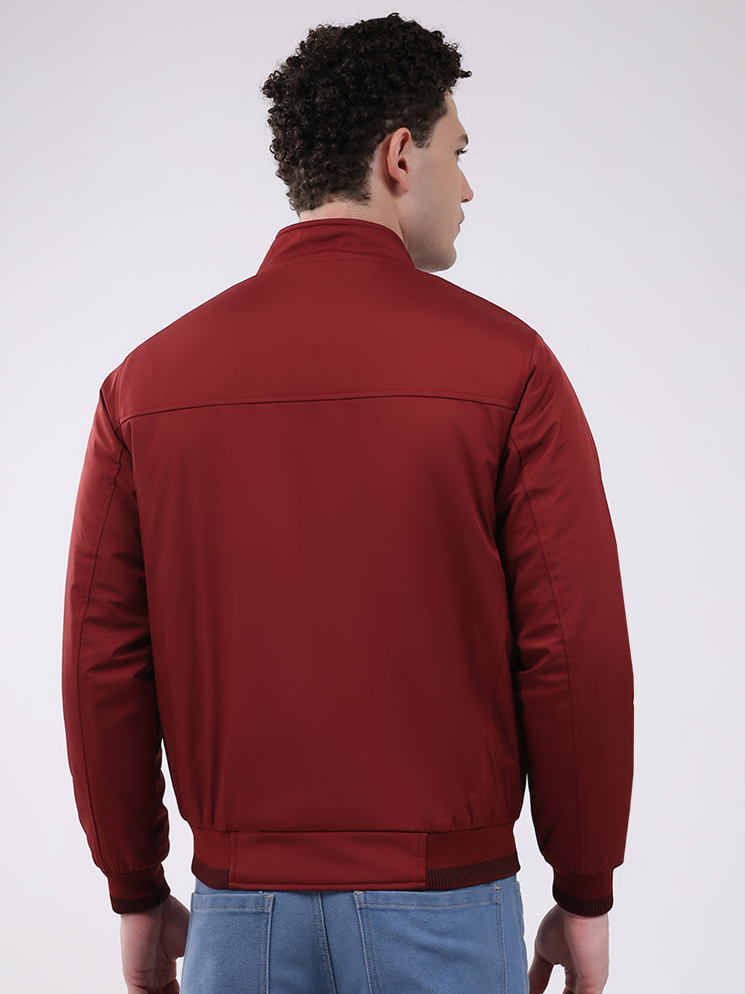 Men Maroon Solid Mock Neck Full Sleeve Jacket