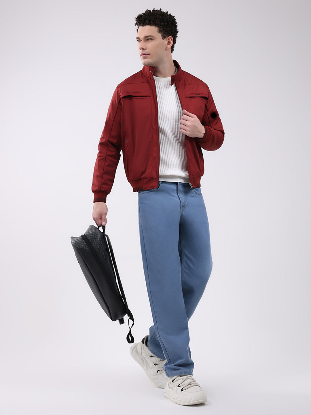 Men Maroon Solid Mock Neck Full Sleeve Jacket