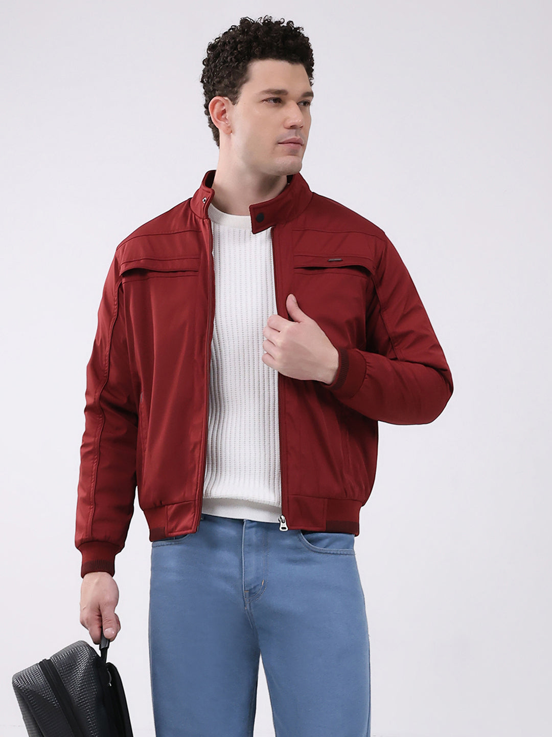 Men Maroon Solid Mock Neck Full Sleeve Jacket