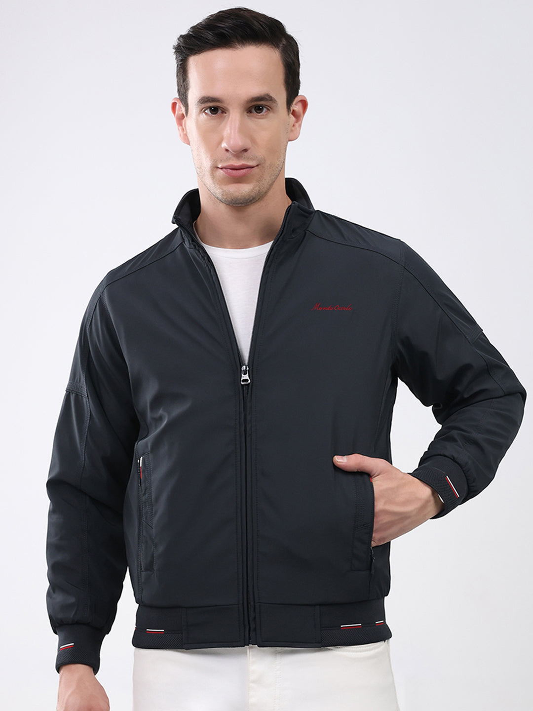 Men Navy Blue Solid Mock Neck Full Sleeve Jacket