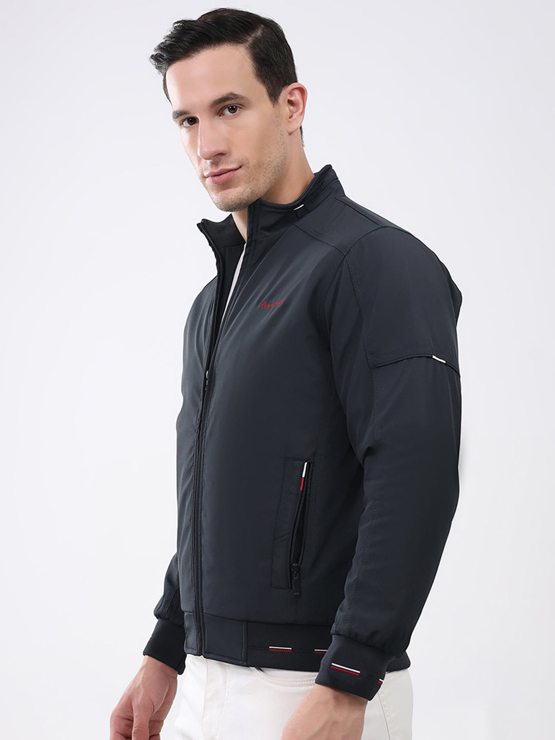 Men Navy Blue Solid Mock Neck Full Sleeve Jacket