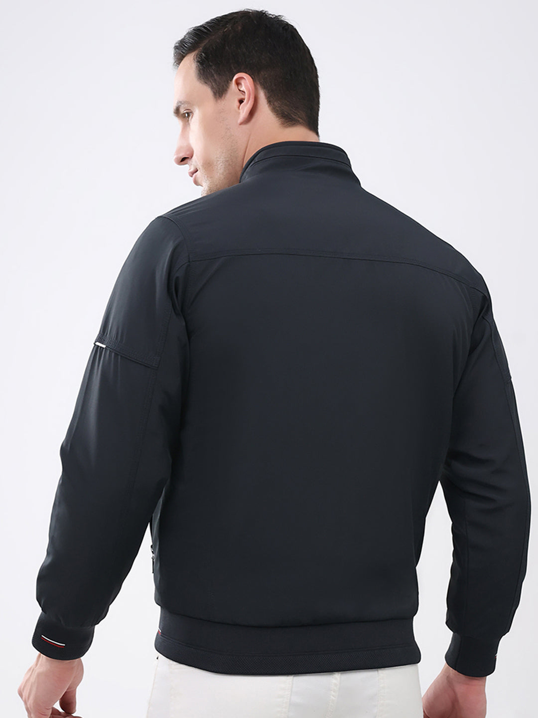 Men Navy Blue Solid Mock Neck Full Sleeve Jacket