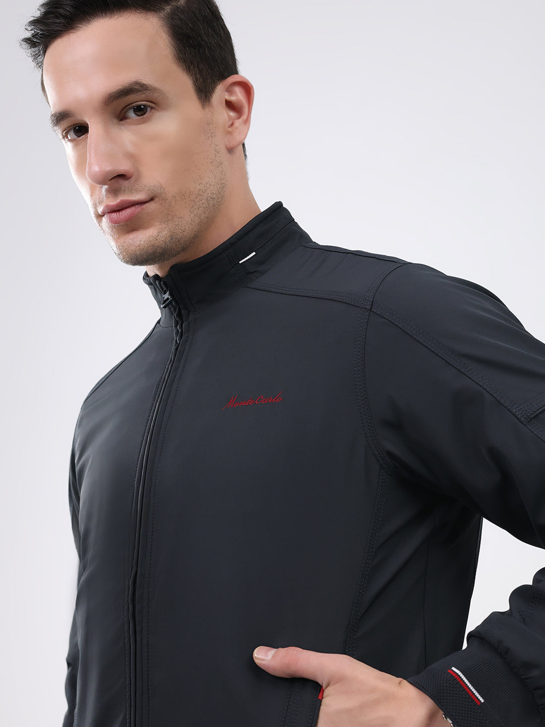 Men Navy Blue Solid Mock Neck Full Sleeve Jacket