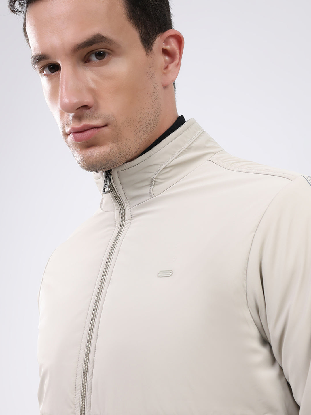Men Cream Solid Mock Neck Full Sleeve Jacket