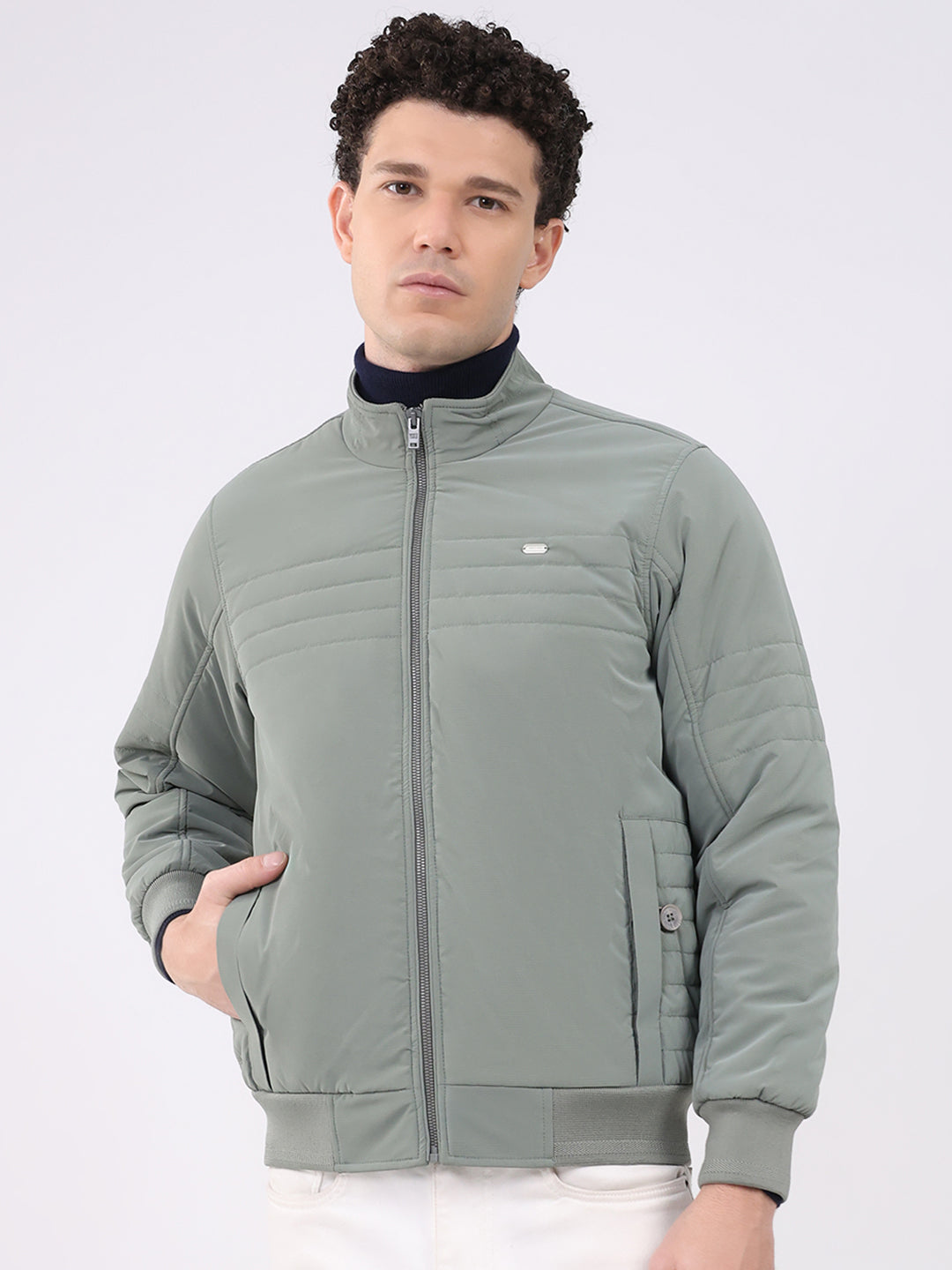 Men Sea Green Solid Collar Full Sleeve Jacket