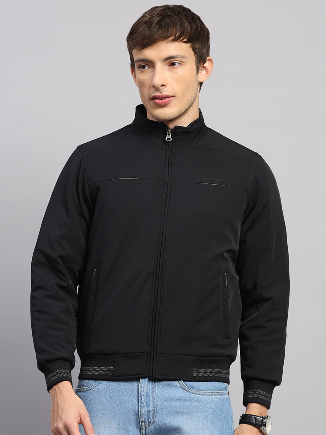 Men Black Solid Mock Neck Full Sleeve Jacket