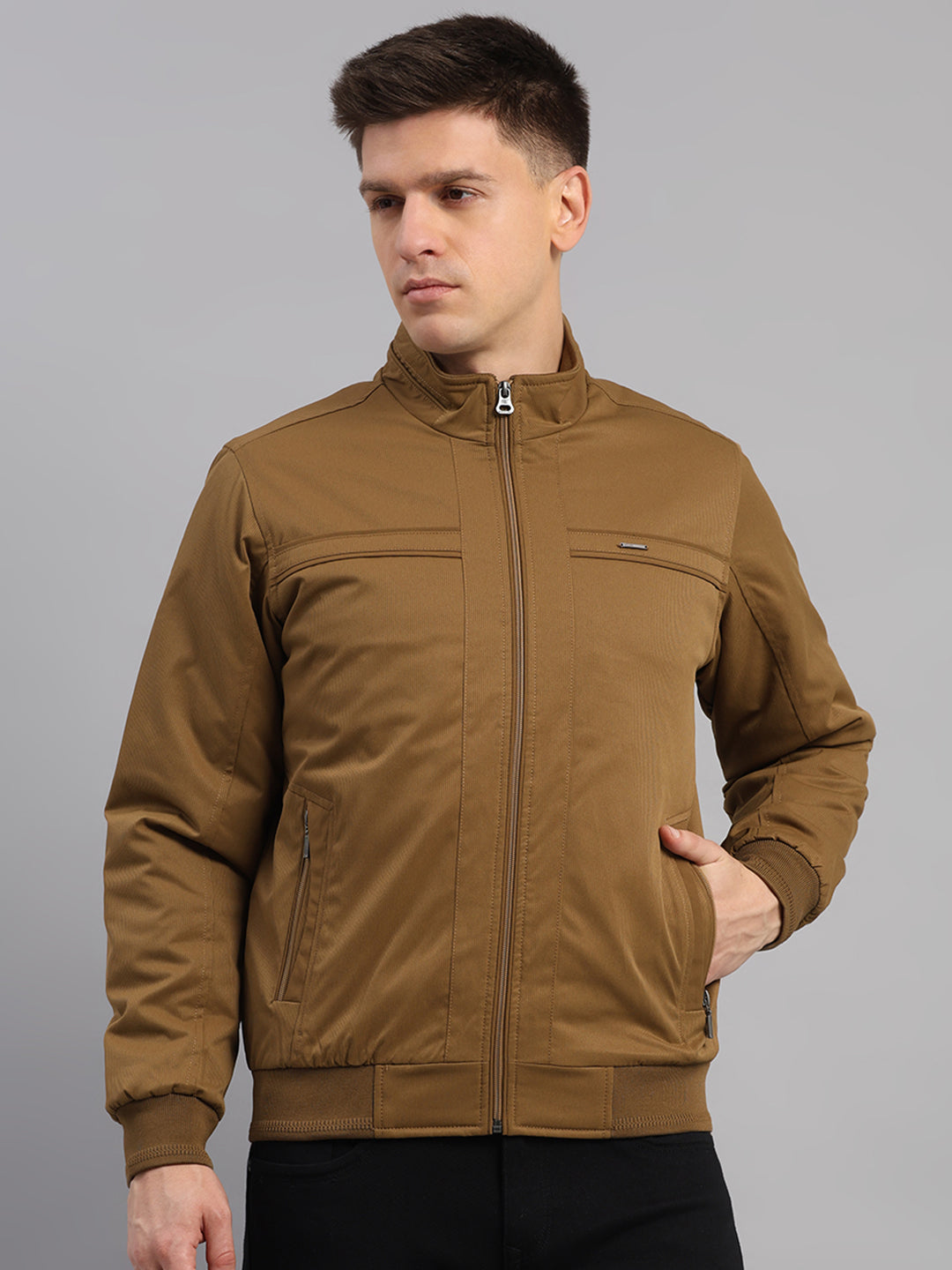 Men Khaki Solid Mandarin Neck Full Sleeve Jacket