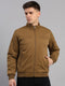 Men Khaki Solid Mandarin Neck Full Sleeve Jacket