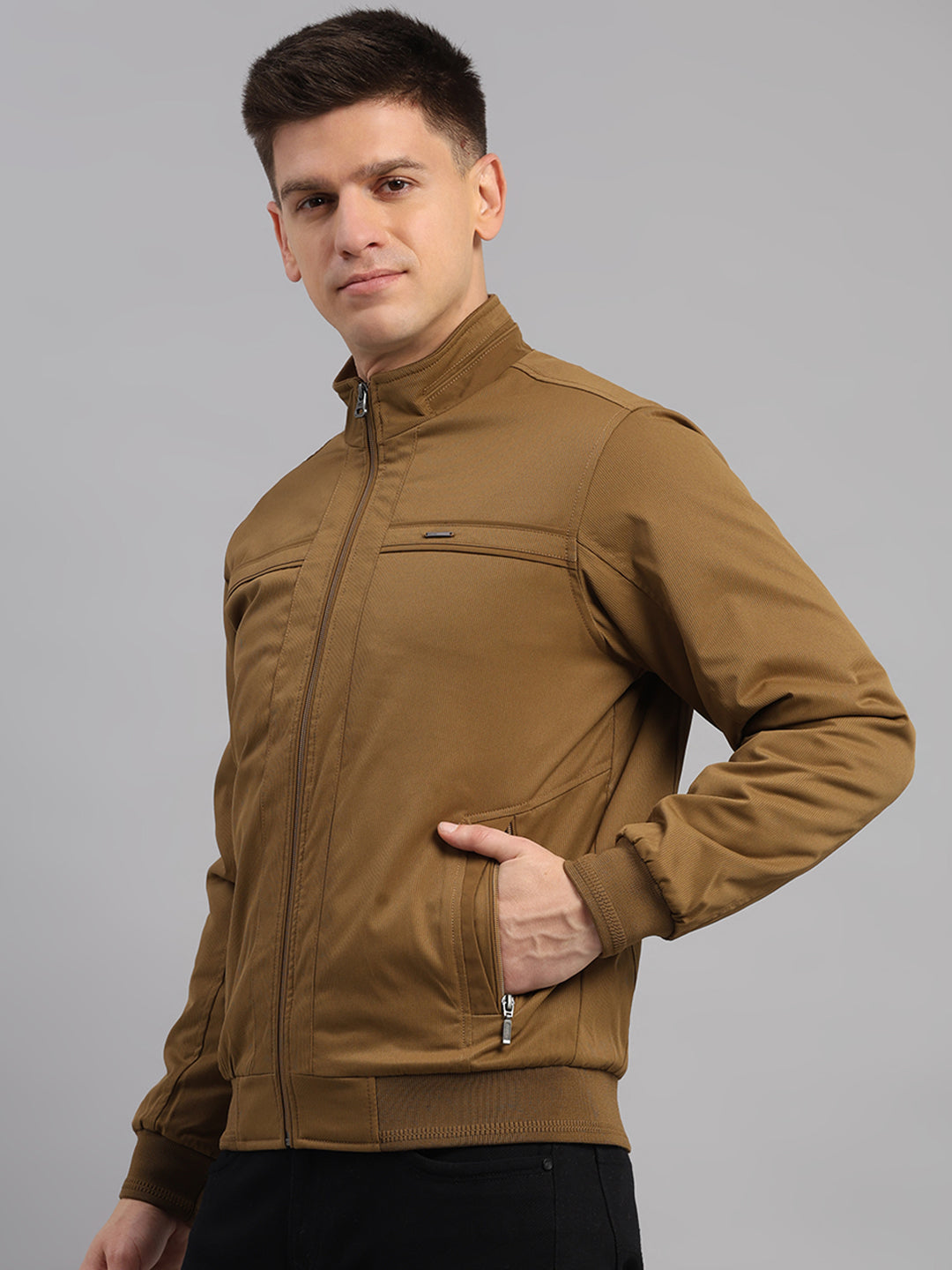 Men Khaki Solid Mandarin Neck Full Sleeve Jacket