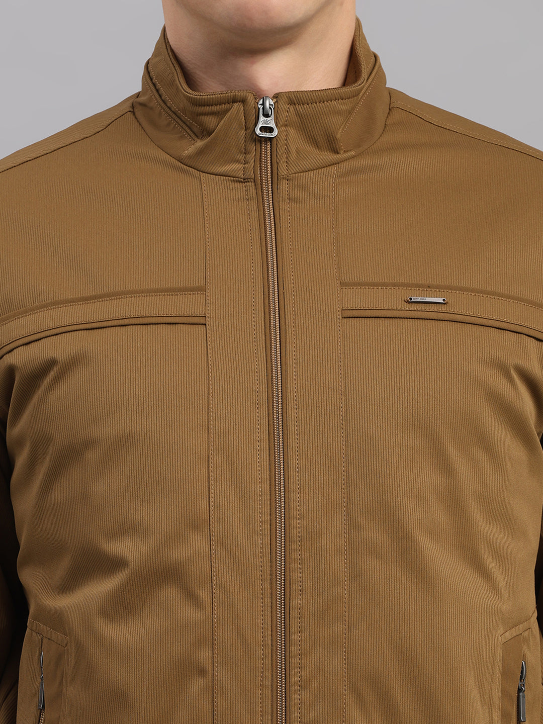 Men Khaki Solid Mandarin Neck Full Sleeve Jacket