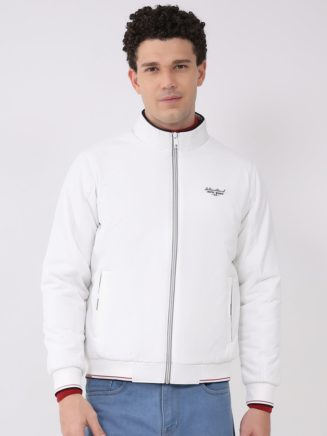 Men White Solid Mock Neck Full Sleeve Jacket