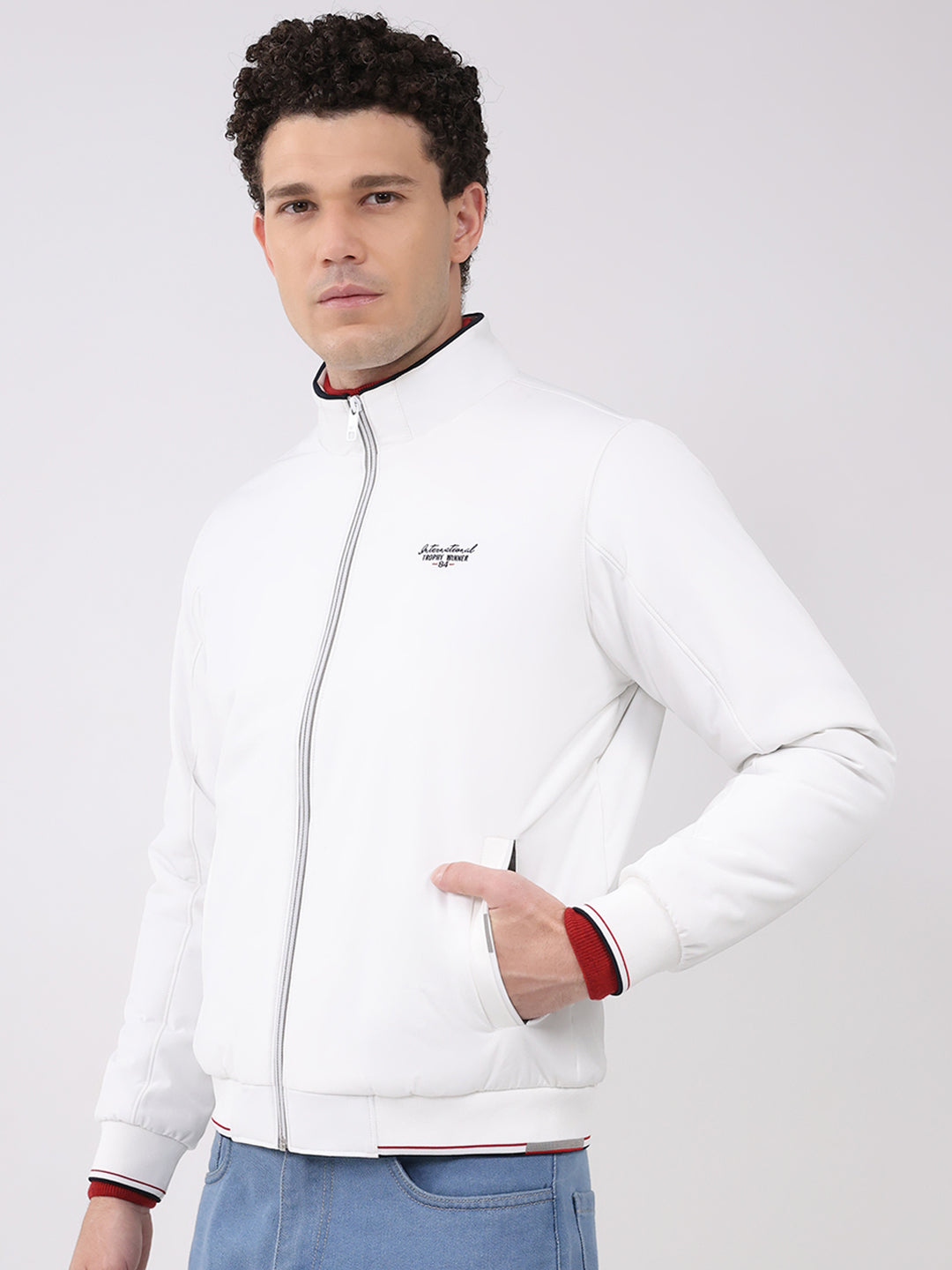Men White Solid Mock Neck Full Sleeve Jacket