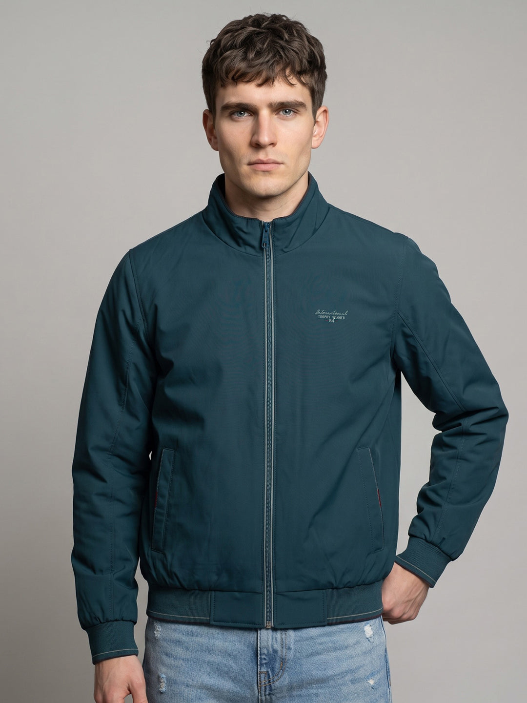 Men Blue Solid Mock Neck Full Sleeve Jacket