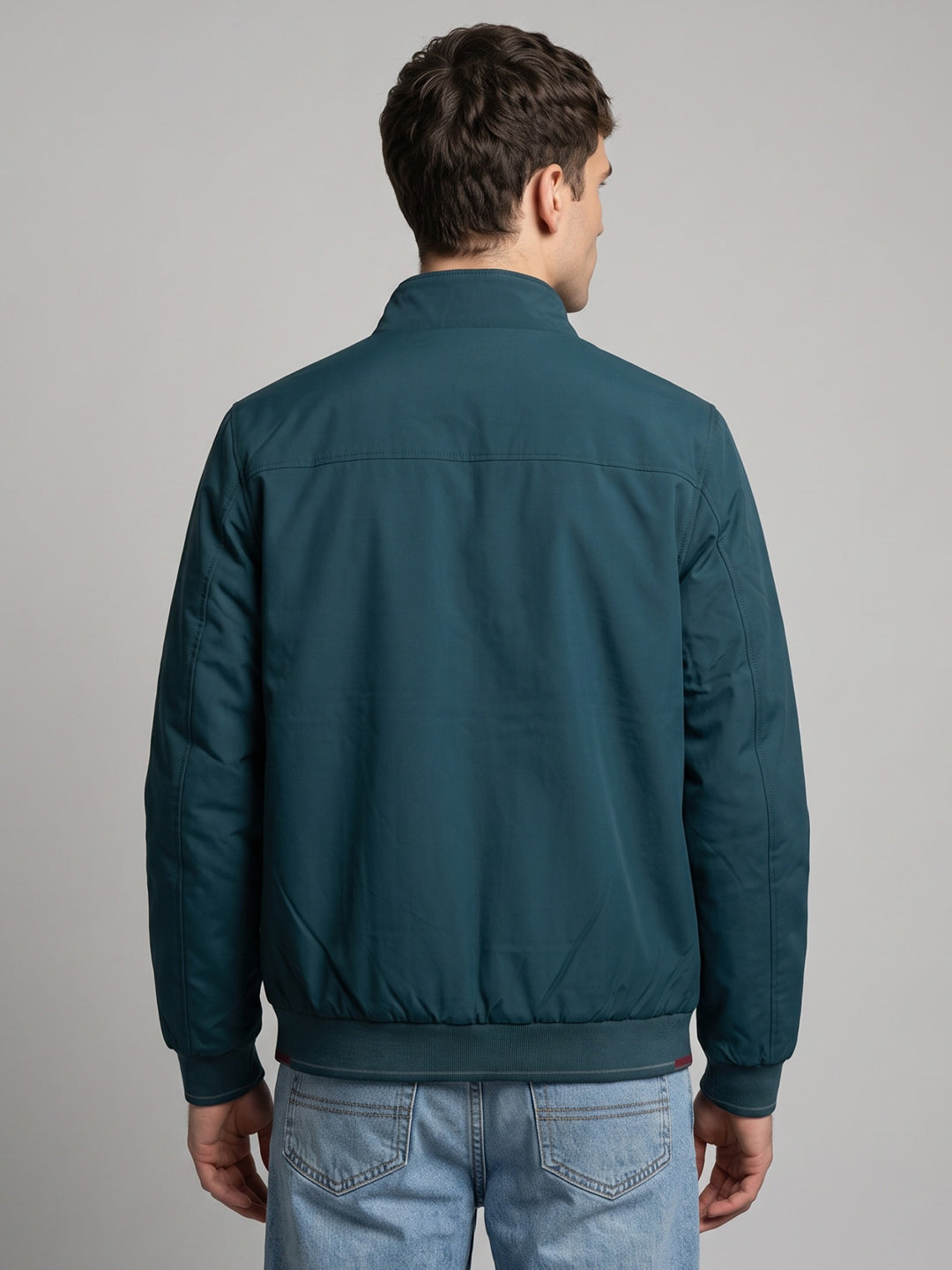 Men Blue Solid Mock Neck Full Sleeve Jacket