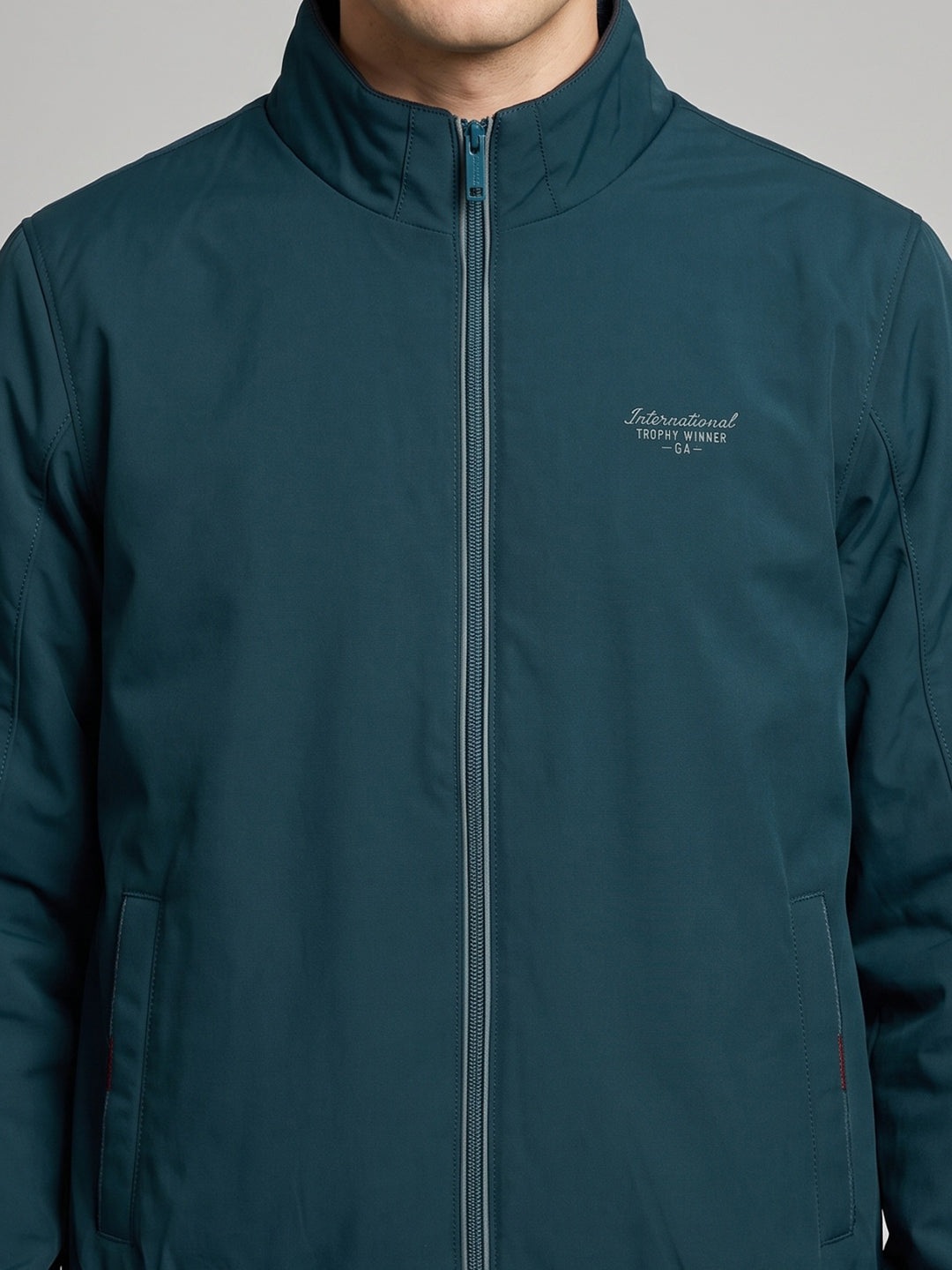Men Blue Solid Mock Neck Full Sleeve Jacket