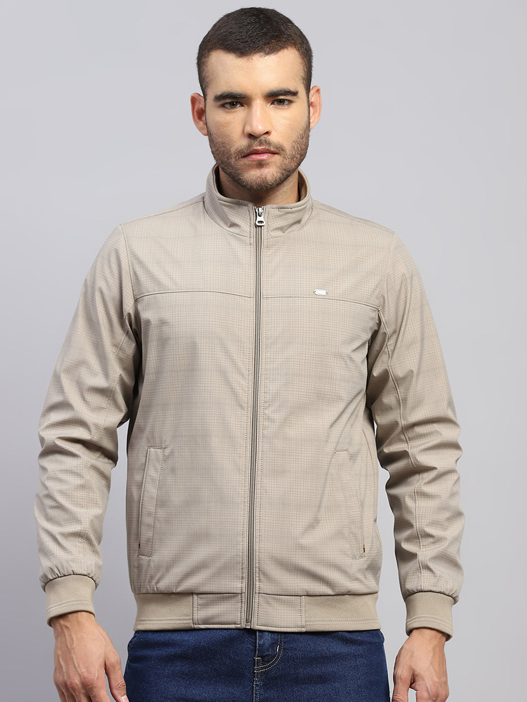 Men Beige Solid Stand Collar Full Sleeve Jacket